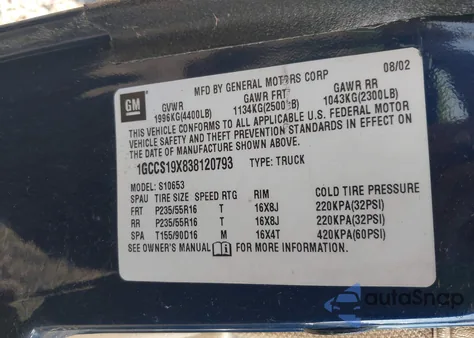 2003 Chevrolet S-10 Ls from USA, damaged, VIN 1GCCS19X838120793